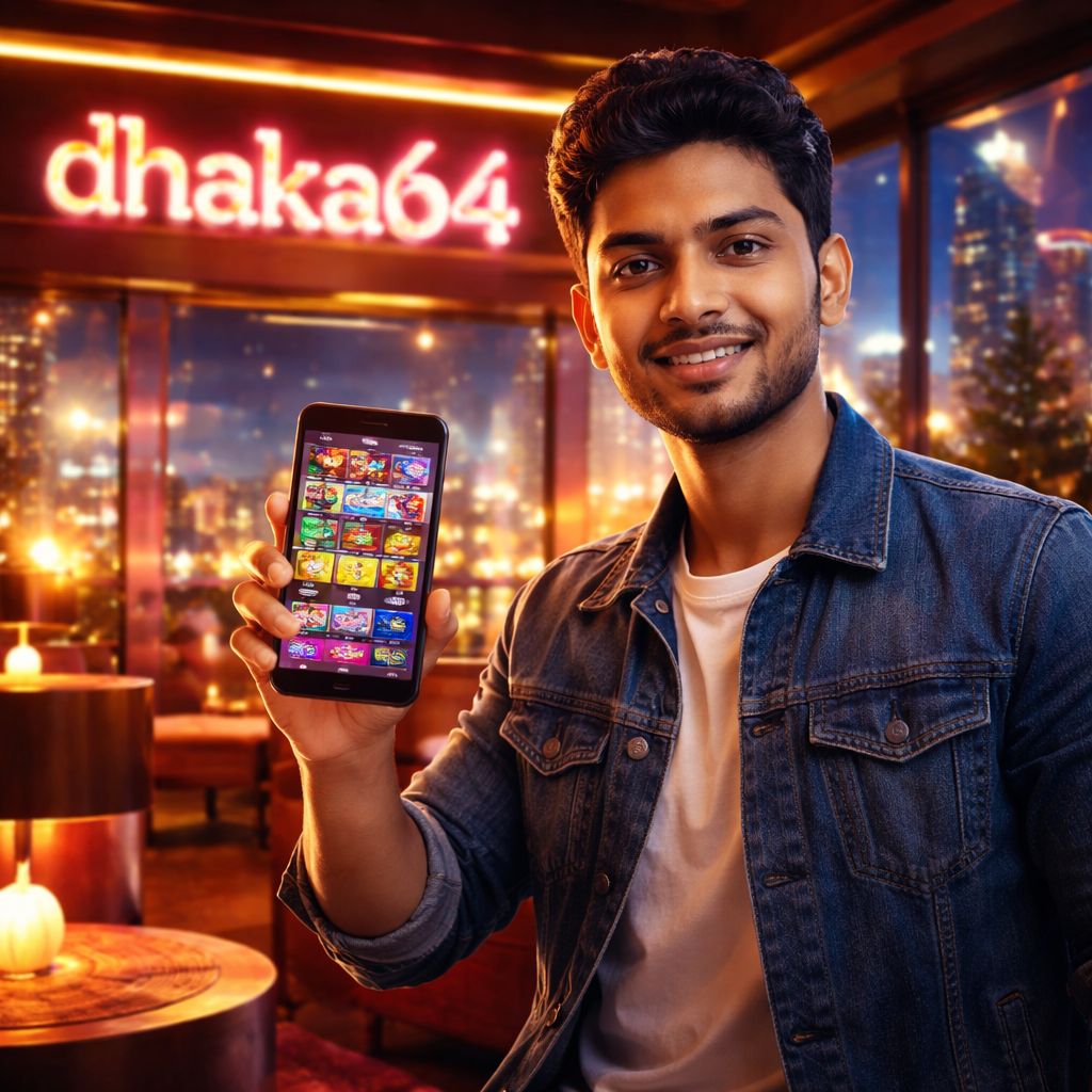 dhaka64 ক্যাসিনো প্ল্যাটফর্ম ইন্টারফেস যা গেম ক্যাটাগরি, লাইভ ডিলার টেবিল এবং মোবাইল ওয়ালেট অপশন দেখাচ্ছে