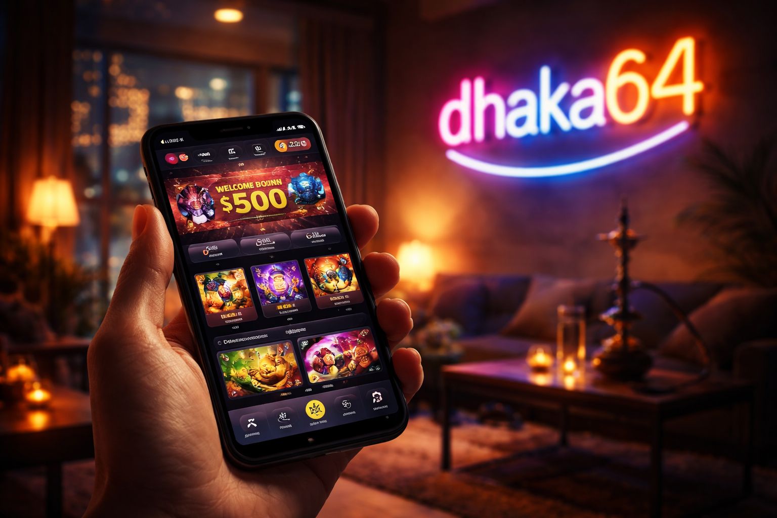 dhaka64 casino homepage with 600+ games from 80+ studios and unified wallet display