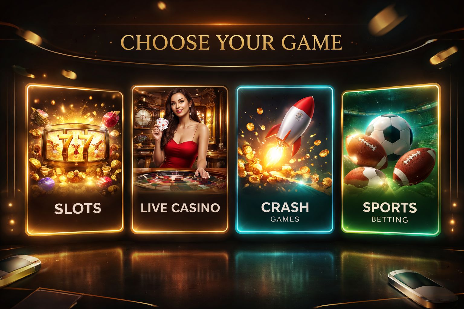 dhaka64 casino category grid showing slots, live tables, crash and sports for players in Bangladesh